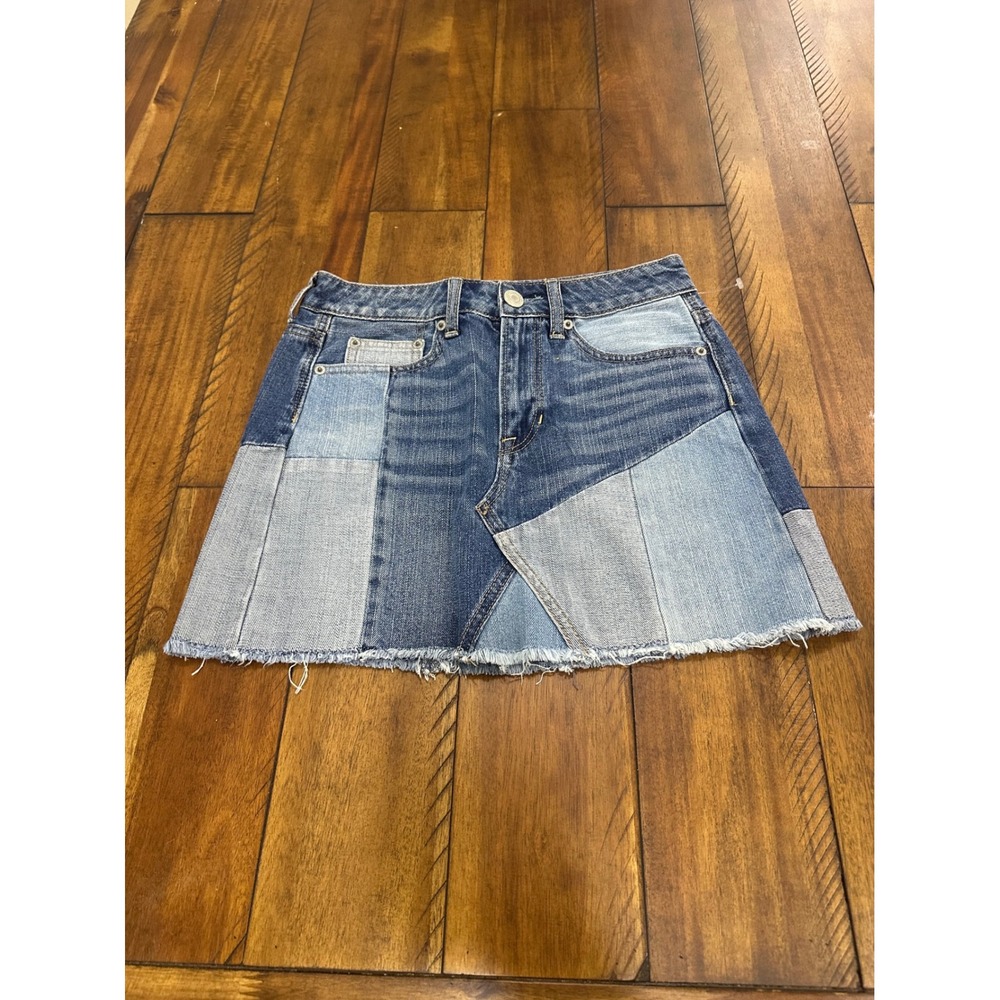 American Eagle Patchwork Denim Mini Skirt Blue Raw Hem Boho Size 0 Regular